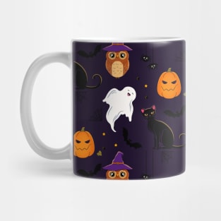 Halloween Super Crazy Pattern! Black Cat Ghost Owl Pumpkin Spiders Bats And Stars Mug